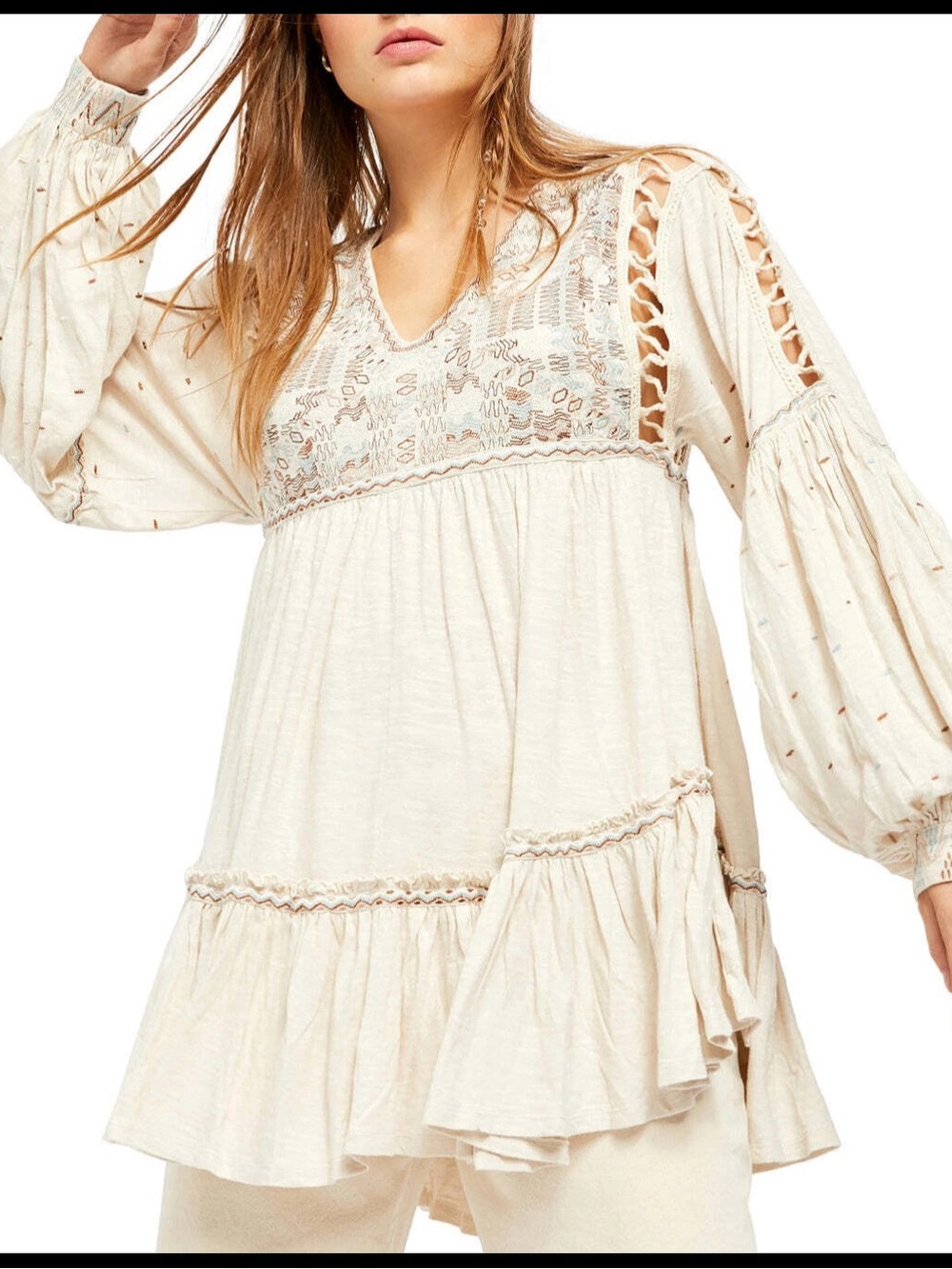 Free People Bohemian Lace-Trim Peasant Tunic in Salt. Size Medium
